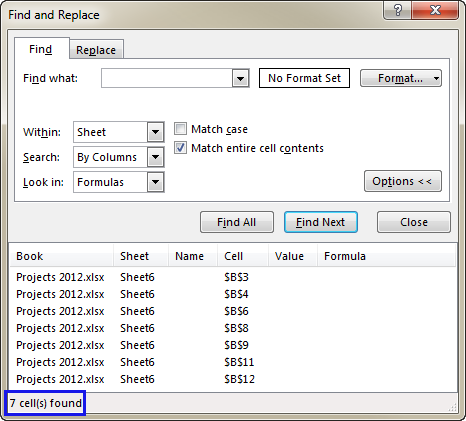 Get the number of blanks on the Find and Replace window