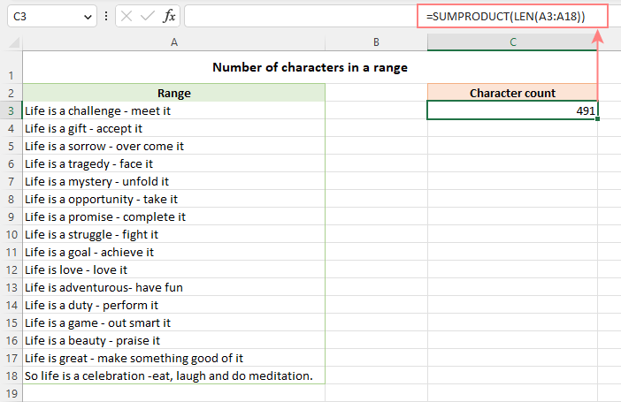 Count characters in a range of cells