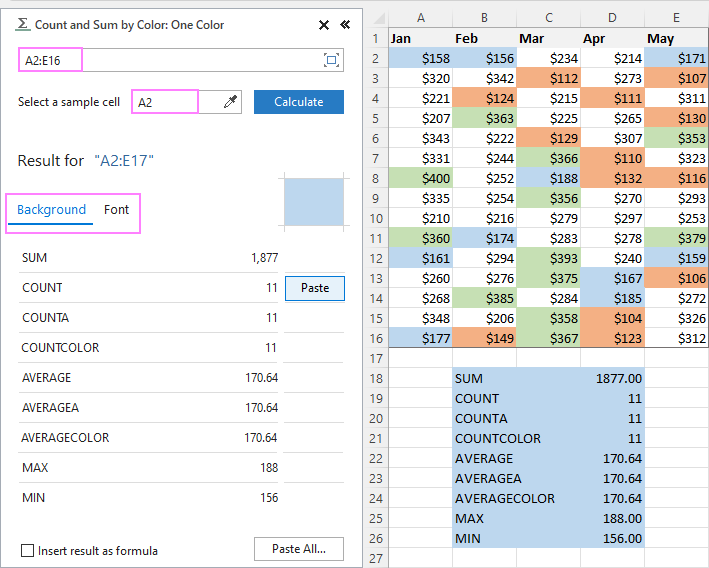 Calculate cells in Excel by selected color.