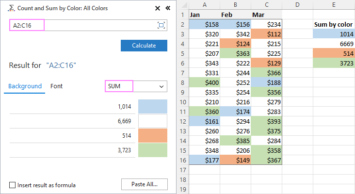 Calculate all colored cells at once.