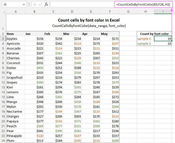 Custom function to count cells by font color in Excel