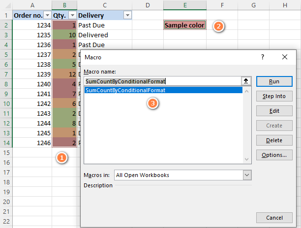 Running a macro to count and sum cells colored using conditional formatting