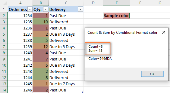 The count, sum and color code of cells colored with conditional formatting