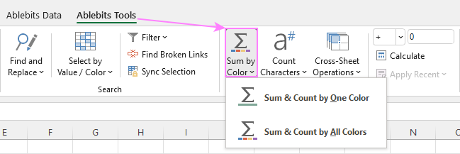 Ablebits Count & Sum by Color tool for Excel