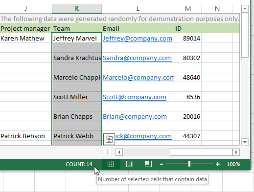 See the number of selected cells that contain data on the Excel Status bar