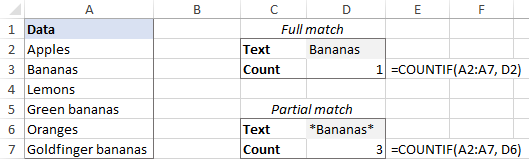 Formulas to count cells that contain certain text – exact and partial match