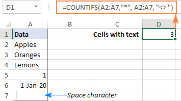 Formula to count cells with text excluding cells that contain spaces