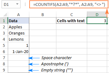 Excel formulas to count cells with text: any, specific or filtered