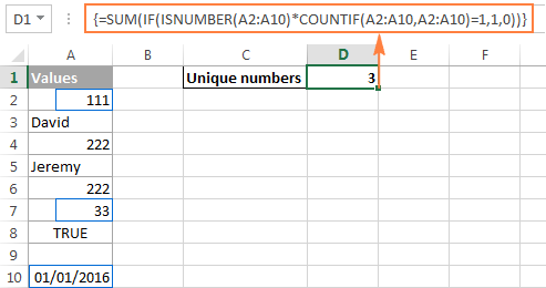 Counting unique numeric values in Excel