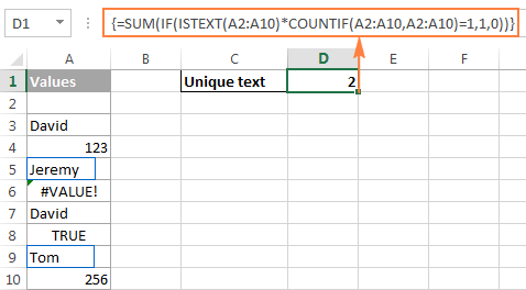 Counting unique text values in Excel