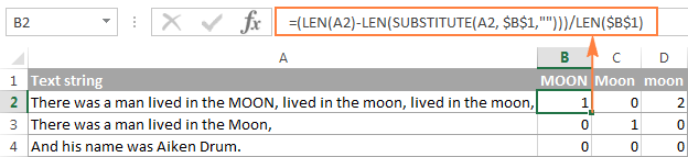 Case-sensitive formula to count specific words in a cell