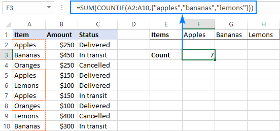 COUNTIF with an array constant to count cells with OR logic