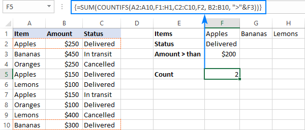 Count cells based on three AND/OR criteria of different types.