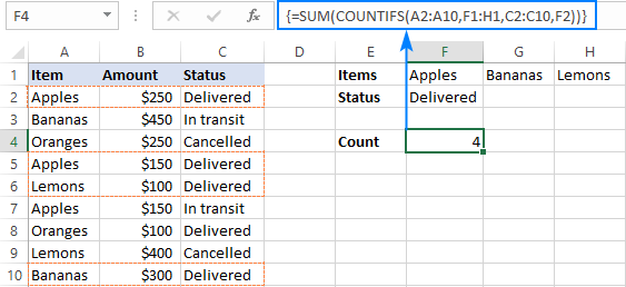 COUNTIFS with an array constant to count cells with AND/OR logic