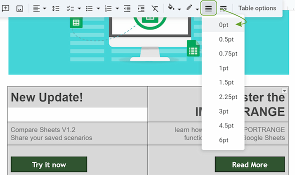 The border settings button location in Google Docs.