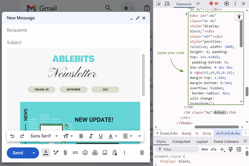  Inserting Canva-generated HTML into Gmail compose area via Edit as HTML method.