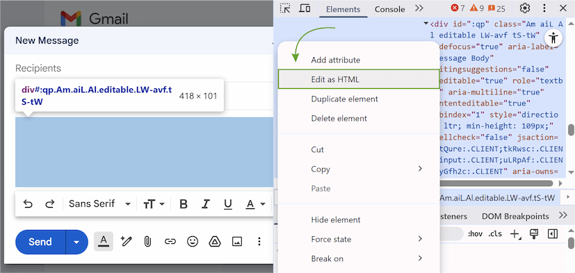 The browser's developer tools panel showing a highlighted div element and the Edit as HTML.