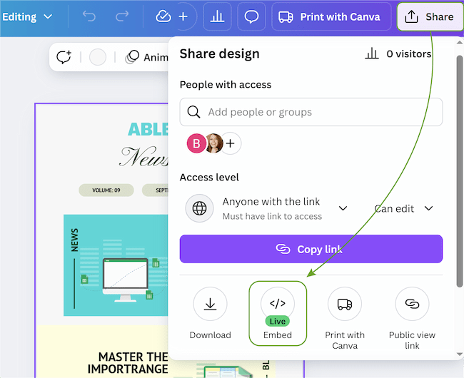 Accessing and copying embed HTML code from a Canva design.