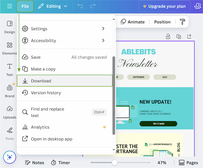 Exporting a Canva design in PDF and PNG formats using the download menu.