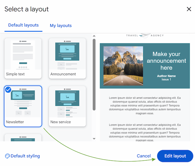 The Gmail layout selection menu showing five templates, with the newsletter template highlighted.