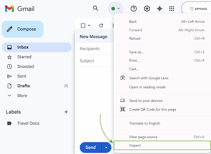 The Gmail compose window with the right-click context menu open, showing the Inspect option.
