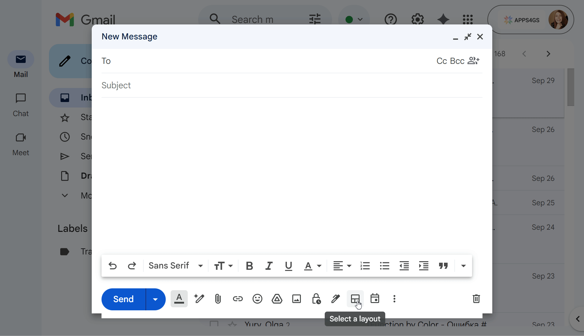 The process of creating a newsletter using Gmail's built-in layout templates.