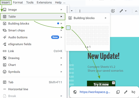 Google Docs Insert menu open, displaying the Table option in the dropdown.