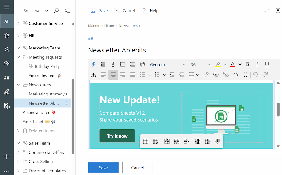 The Template editor interface demonstrating newsletter creation in Shared Email Templates.