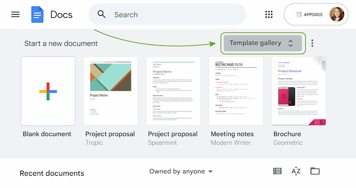 The Google Docs homepage showing the Template gallery button at the top of the screen.