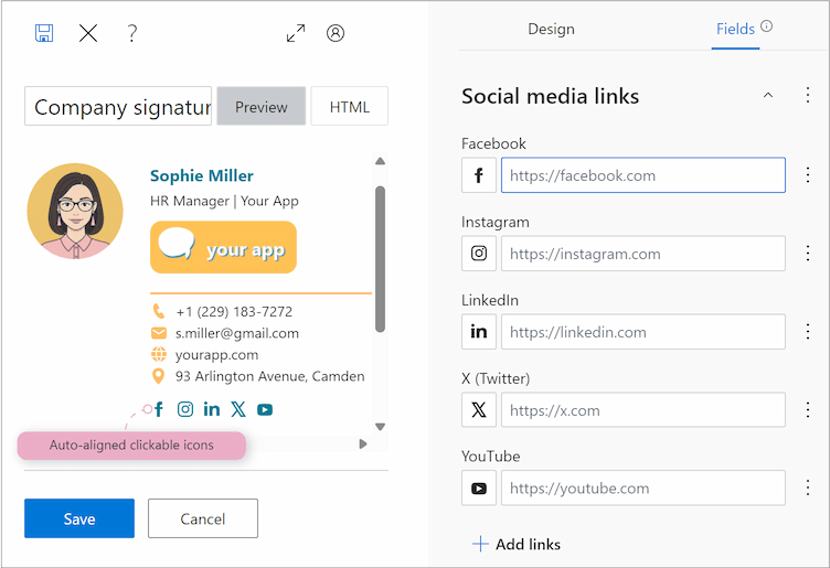 Adding social icons with automatic alignment and coloring.