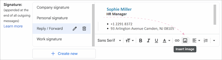 Clicking the Insert image icon in Gmail.