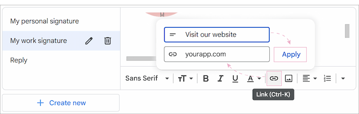 Adding or editing a hyperlink in Gmail signature settings.