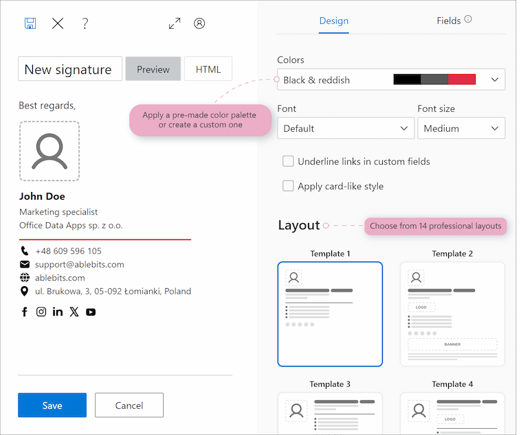 Choosing a signature layout in the templates library.