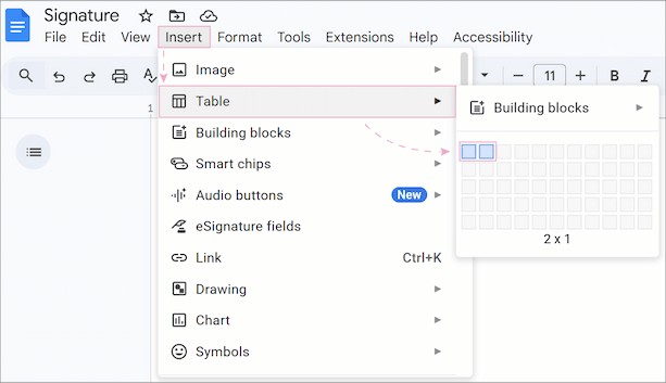 Selecting a 2x1 table in Google Docs.