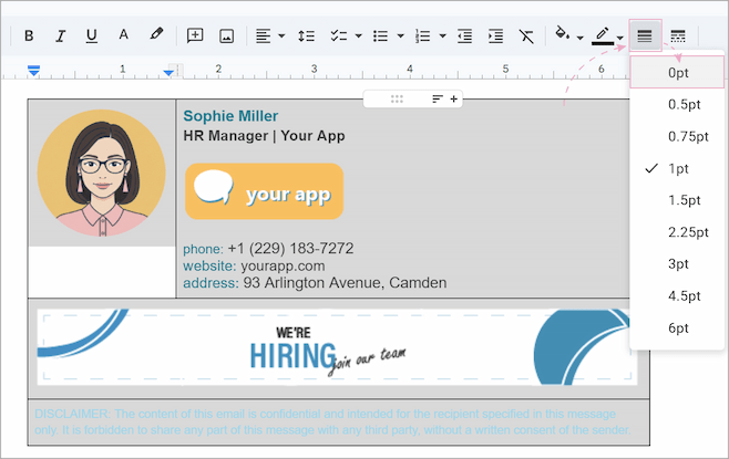 Setting the table border width to 0pt.