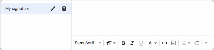 The basic signature editor in Gmail settings.