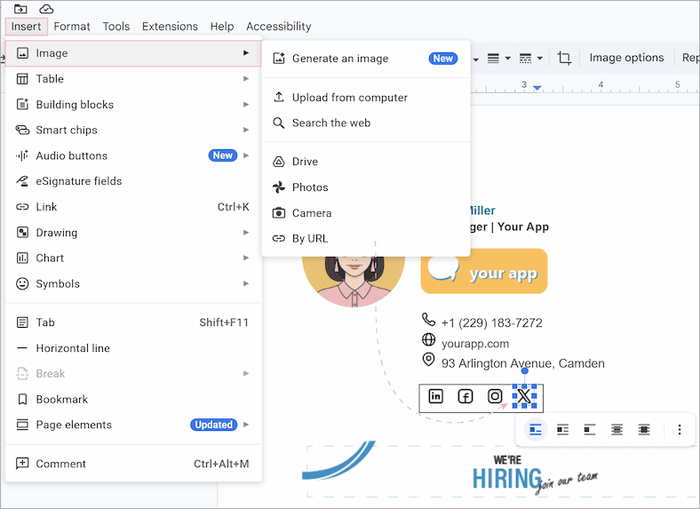 Adding social media icons to the signature table.