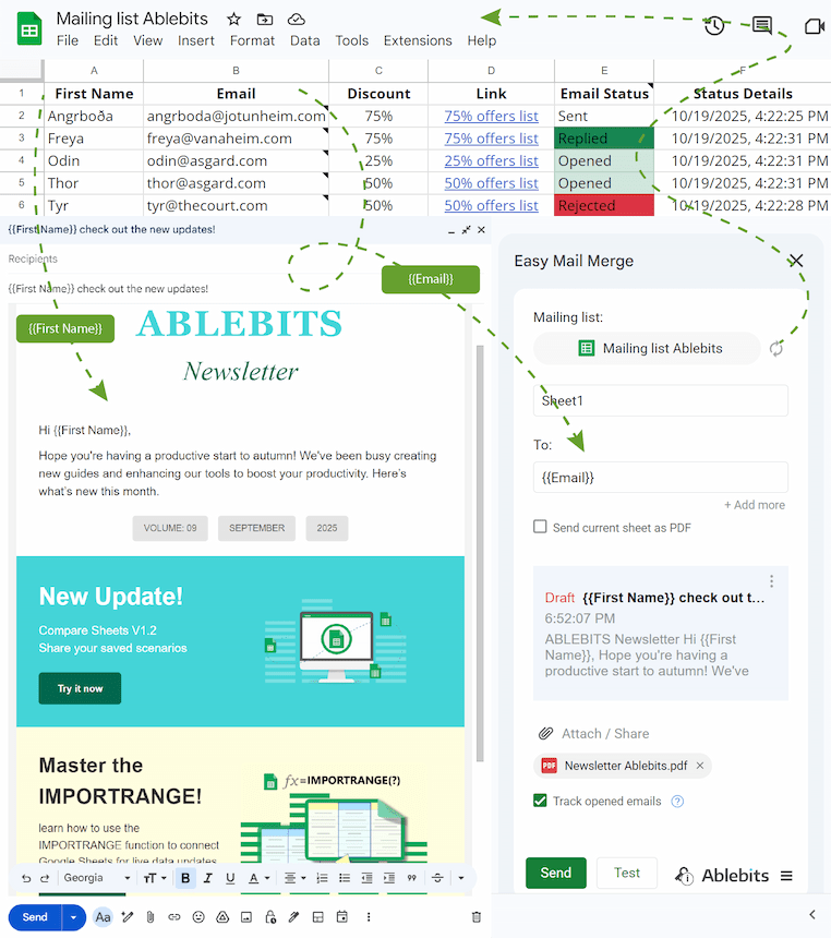 The Easy Mail Merge interface in Google Sheets, showing a connected Gmail draft and a spreadsheet with subscriber data for personalization. The Easy Mail Merge interface in Google Sheets, showing a connected Gmail draft and a spreadsheet with subscriber data for personalization.