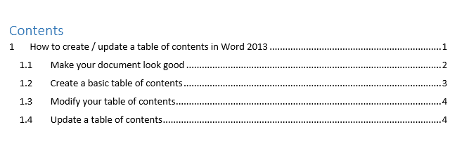 The resulting table of contents in Word
