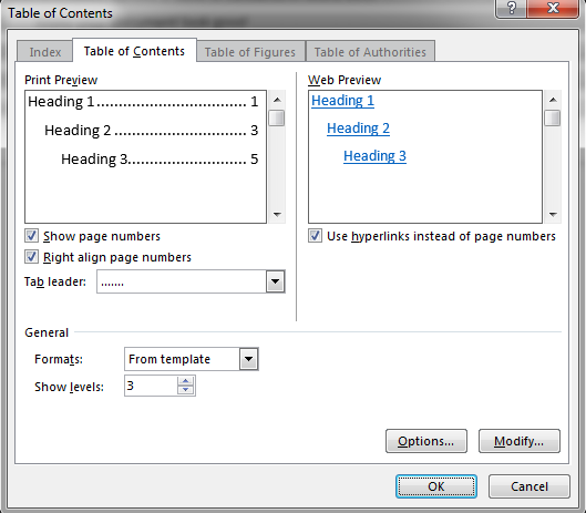Open the Table of Contents dialog box to customize the style