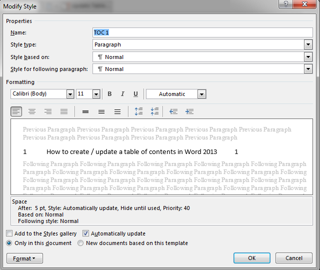 change format table of contents word