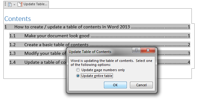 table of contents microsoft word