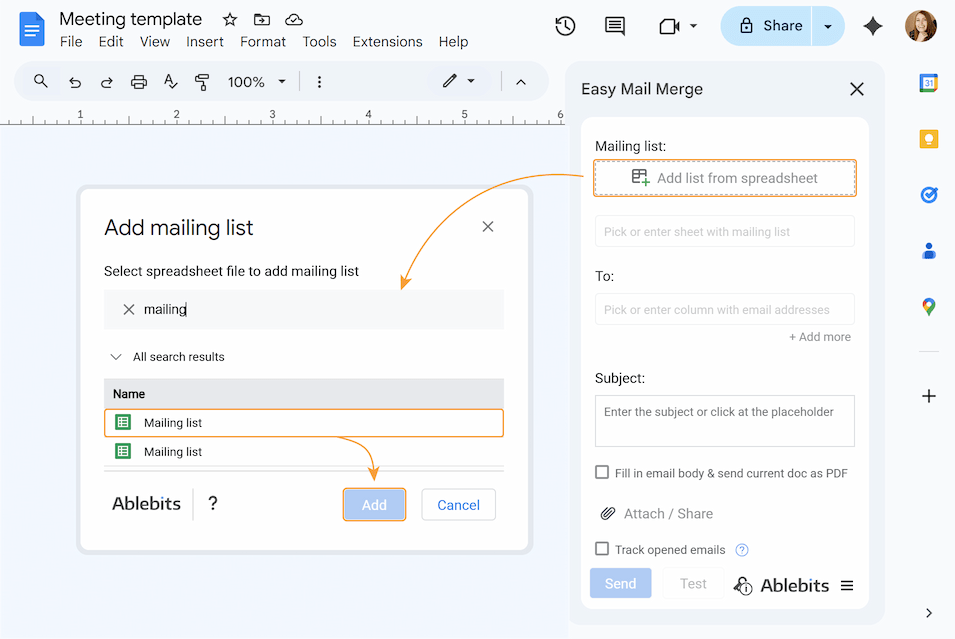 Connect your mailing list by clicking Add list from spreadsheet, selecting your list in the pop-up window, and then clicking Add.