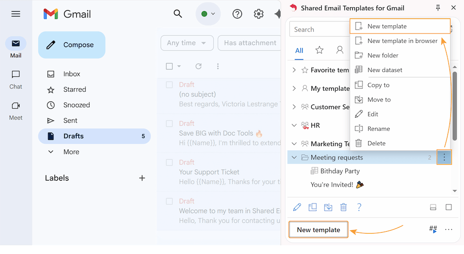 Create a new template in the selected folder.