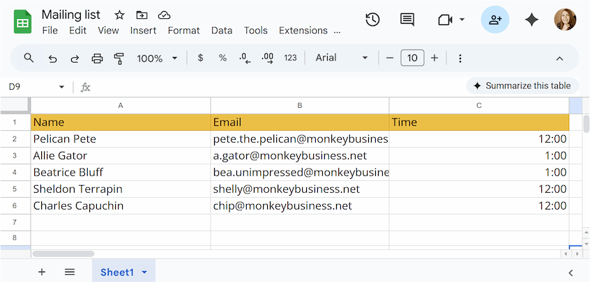 Set up your mailing list by entering all your recipient details into a Google Sheet.