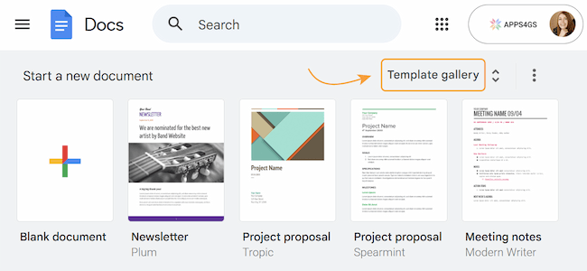 The Template gallery button in Google Docs.