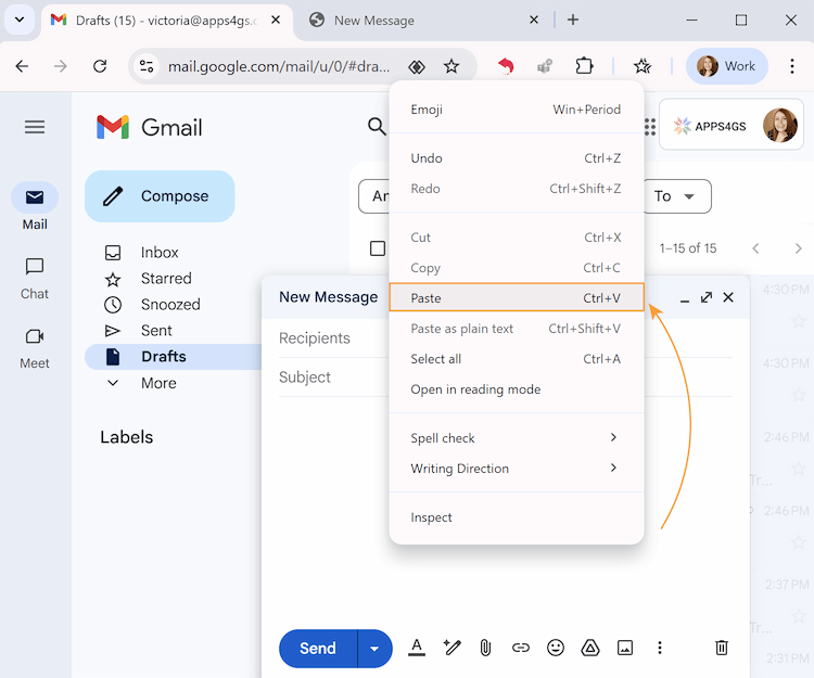 Paste the copied content into your email.