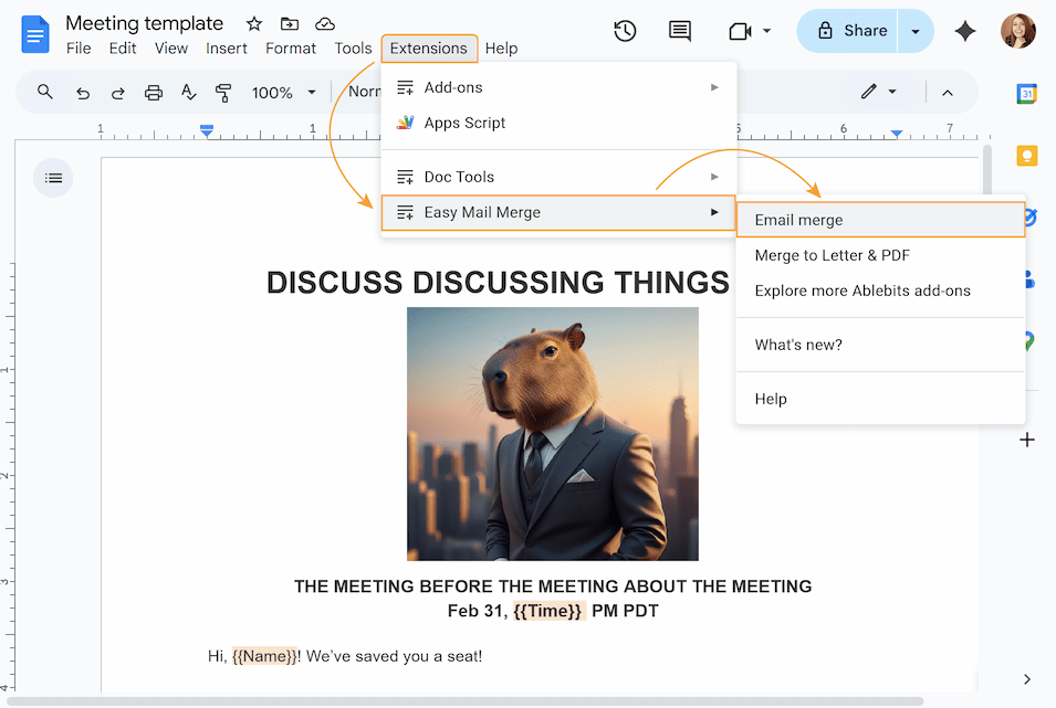 Google Docs menu showing Extensions dropdown with an access path to the Email Merge.