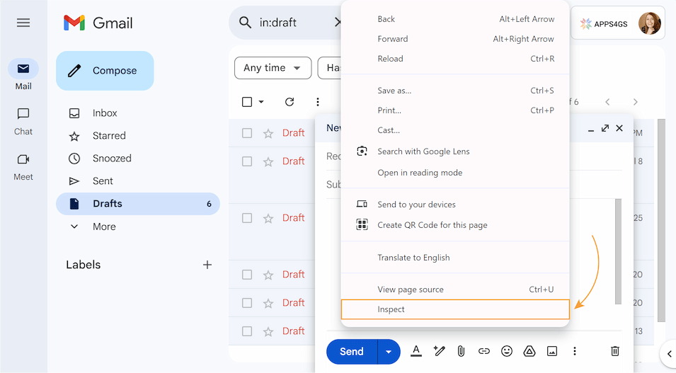 Open Gmail's compose window, right-click, and select Inspect.