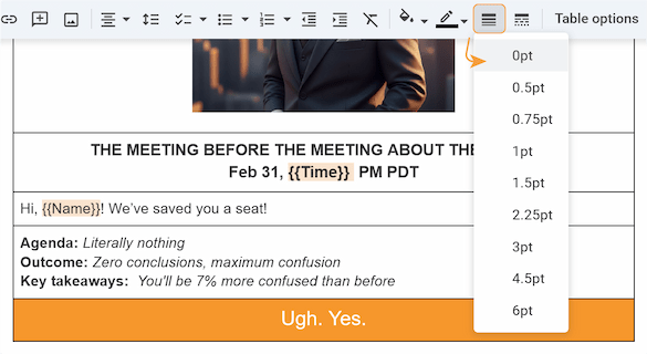 Making a table border invisible by setting its width to zero in the toolbar.